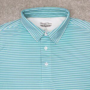 Straight Down Polo Shirt Mens Large Blue/White Striped Stretch S/S Pullover‎